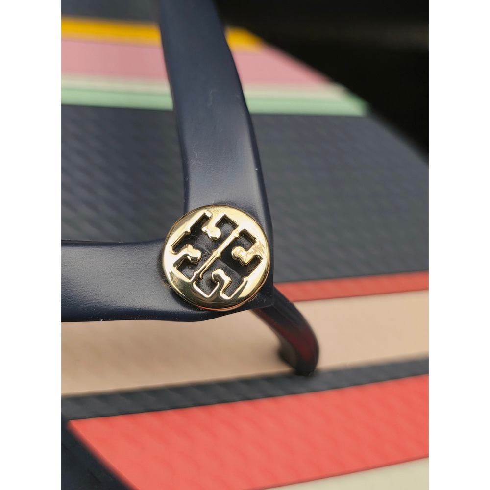 Tory Burch Flip Flops 8M Navy Multi Stripe Logo Thong Sandals Summer Beachwear - Picture 4 of 9